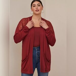 Torrid Super Soft Brick Red Lace Yoke Cardigan Size 00
